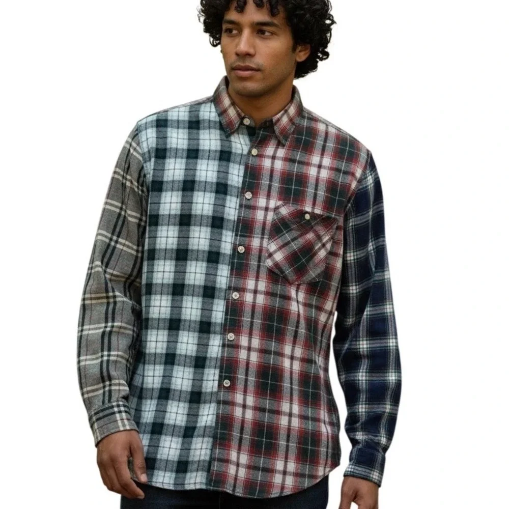 J.Crew VINTAGE 90s Mens Cut & Sew Patchwork Flannel Shirt Button Down Cotton Med